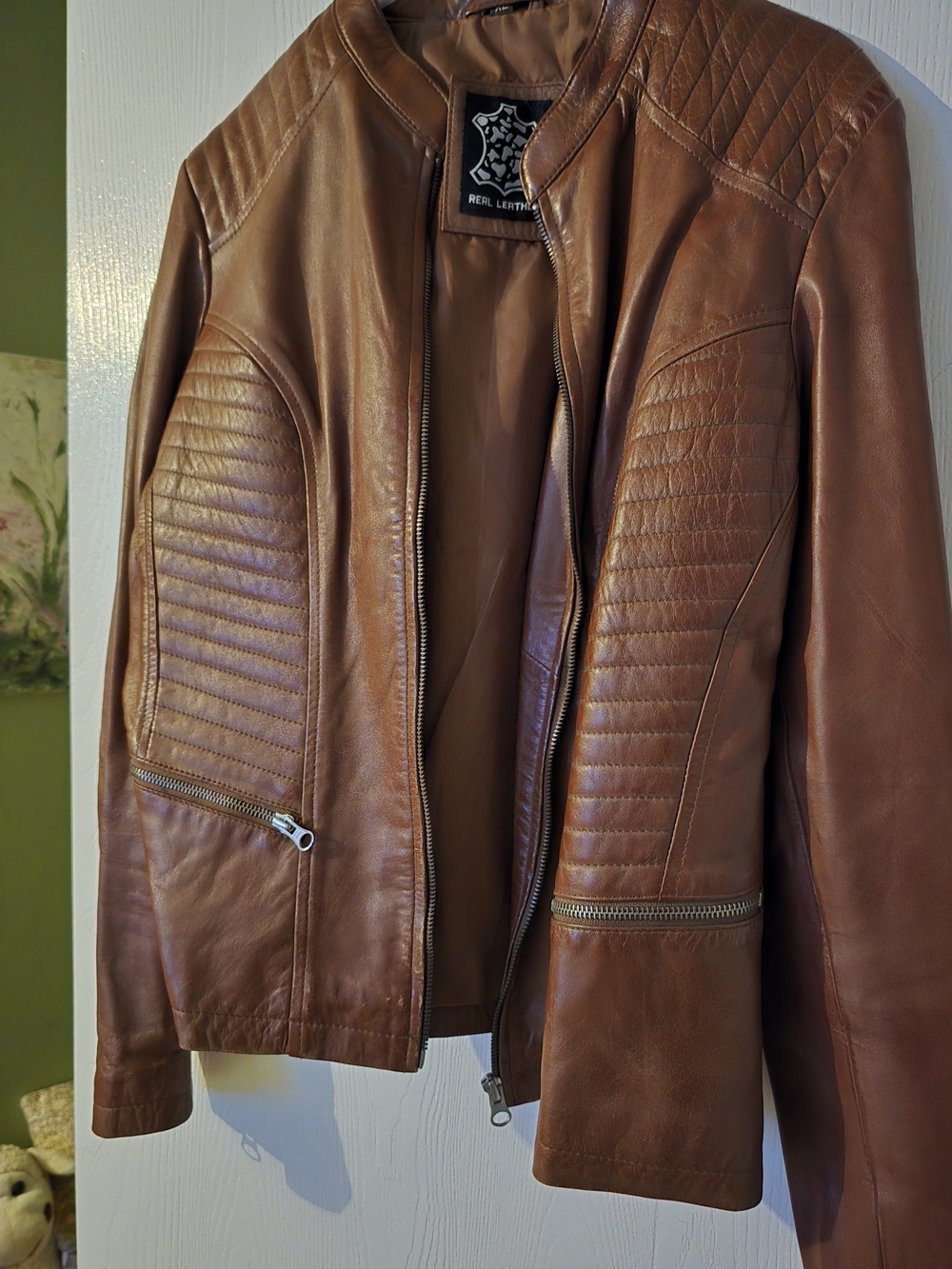 Womens Classic Brown Leather Moto Jacket With Quilting